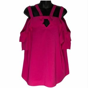 WORTHINGTON WOMAN hot pink cold shoulder top with bow size 0X / XL flowy draped